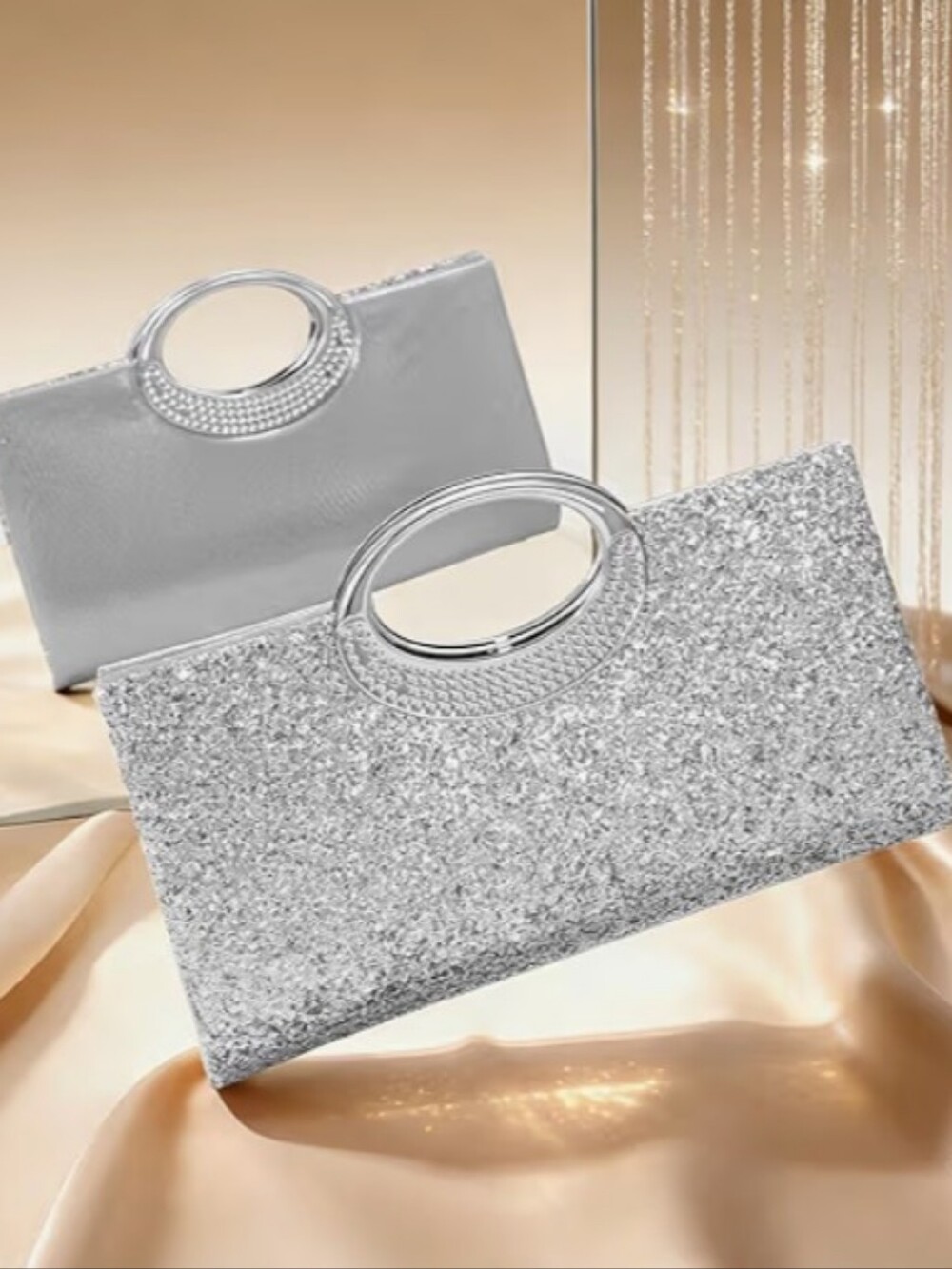 New Silver Glitter Sequin Clutch Purse Formal Evening Handbag Elegant Wedding